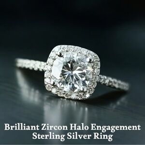 Brilliant Zircon Sterling Silver Halo Engagement Ring